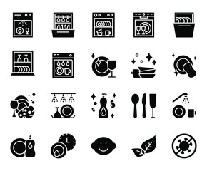 Dishwasher flat line icons set. Household appliance for washing utensil, dishware, clean dishes. Simple flat vector illustration for clinic, web site or mobile app