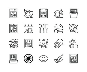 Dishwasher flat line icons set. Household appliance for washing utensil, dishware, clean dishes. Simple flat vector illustration for clinic, web site or mobile app