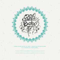 Boho Background with Hand Drawn Feather and Hippie Style Elements. Vector Illustration.