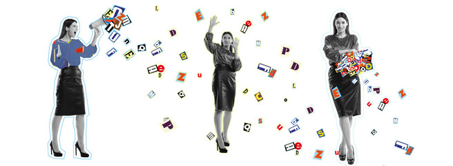 Contemporary art collage. Business concept. Composition with happy woman shouting at megaphone. Media, ad, magazine style concept.