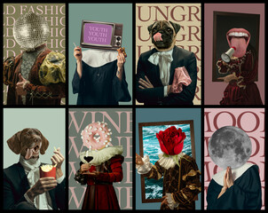Creative collage made of portraits of model like medieval royalty person in vintage clothing....