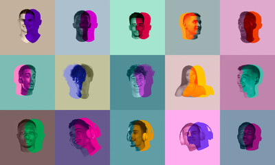 Artwork. Set, collage of young men's faces, heads with colored silhouette, shadow isolated on light background. Human emotion, split personality, mental problems concept. - obrazy, fototapety, plakaty