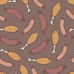 Vector seamless pattern with chicken legs and sausages. Design with food in cartoon style.