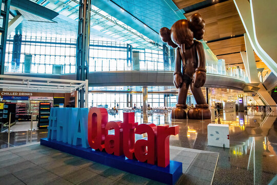 Hamad Airport, Quatar - July 9, 2021: Hamad Airport sculpture decoration hall interior