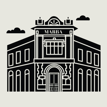 Flat silhouette vector illustration of building in the city of central java, Simple outline icon design cartoon landmark for vacation travel tourist attractions.Marba Building, Kota Tua Semarang.
