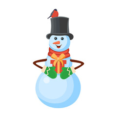 Snowman wearing in hat and scarf with a gift in hands. Concept of winter and christmas banner, sticker label and greeting card.