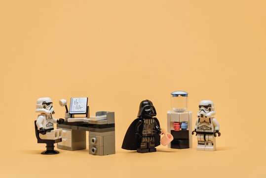 Vader and Stormtroopers having project meeting in office. Illustrative editorial. September 02, 2021