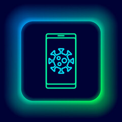 Glowing neon line Virus statistics on mobile icon isolated on black background. Corona virus 2019-nCoV. Bacteria and germs, cell cancer, microbe, fungi. Colorful outline concept. Vector