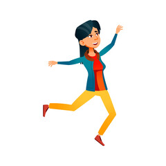 Girl Teen Walk With Jump Outdoor Activity Vector. Asian Teenager Girl Walking And Jumping In Park Nature. Character Young Lady Enjoying With Positive Expression Flat Cartoon Illustration