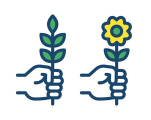 Hand holding flower and plant icon.