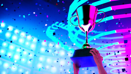 3D rendering gold trophy on e-sport winner hands on backgound event stadium, win concept.