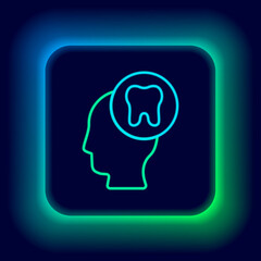 Glowing neon line Human head with tooth icon isolated on black background. Tooth symbol for dentistry clinic or dentist medical center and toothpaste package. Colorful outline concept. Vector
