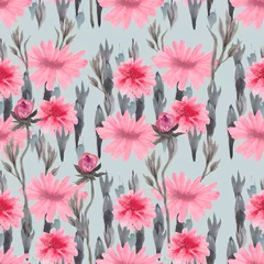 Foto op Aluminium Watercolor seamless pattern with delicate pink flowers on a light gray background. Handmade illustration in vintage style is suitable for textiles, covers, invitation cards, wrapping paper © Людмила Пушкина