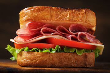 sandwich with salami, cheese and vegetables