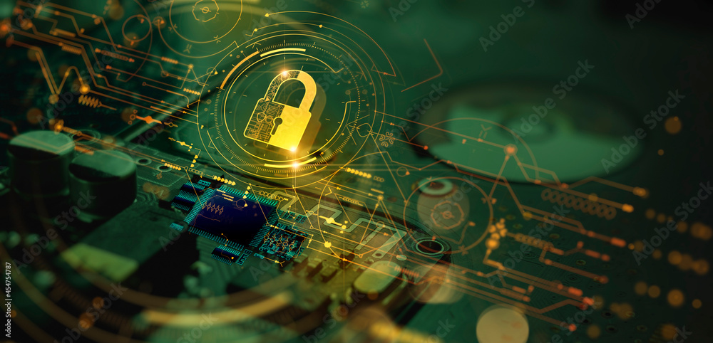 Poster Cyber security.Digital padlock icon,Cyber security technology network and data protection technology on virtual dashboard.Online internet authorized access against cyber attack.