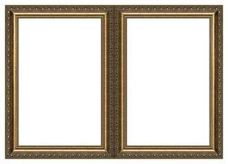 Double golden frame (diptych) for paintings, mirrors or photos isolated on white background. Design element with clipping path