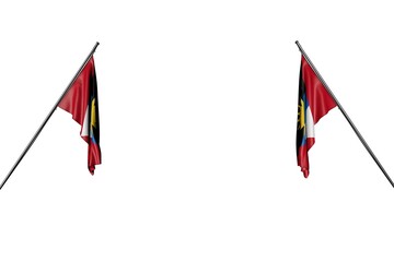 wonderful anthem day flag 3d illustration. - two Antigua and Barbuda flags hanging on in corner poles from two sides isolated on white