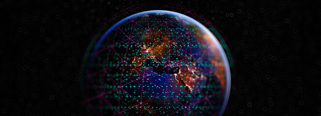 Communication technology for internet business. Global world network and telecommunication on earth cryptocurrency and blockchain and IoT. Elements of this image furnished by NASA.
