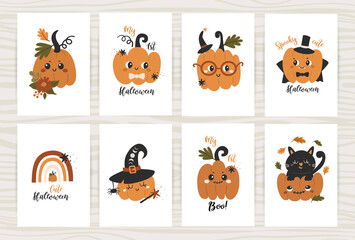 Set of Halloween posters with cute pumpkins.