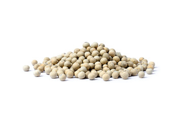 Pile of white pepper seeds (peppercorns) isolated on white background.