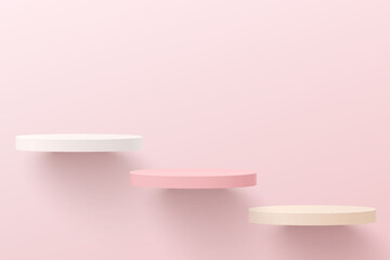 Abstract white and pink 3D cylinder pedestal podium floating on air.  Pastel pink minimal wall scene for cosmetic product display presentation, Showcase. Vector geometric rendering platform design.