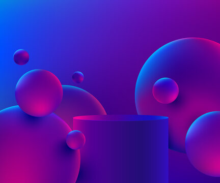 Abstract Dark Blue And Pink 3D Cylinder Pedestal Podium With Bubbles Flying On Air. Futuristic Scene For Product Display Presentation, Promotion Case. Vector Rendering Geometric  Platform Design.