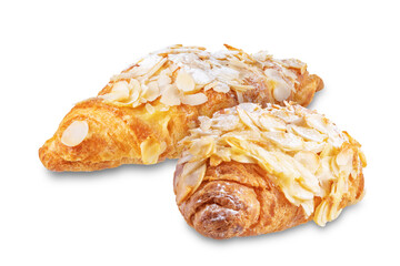 Croissant with almond nuts on a white isolated background