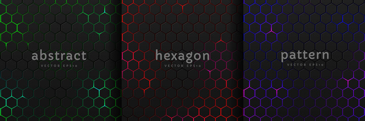 Set of black hexagon pattern on glowing red, blue, green neon abstract background in technology style. Modern futuristic geometric shape collection vector design. Can use for cover template, poster. - obrazy, fototapety, plakaty