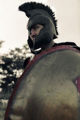 Portrait of Spartan warrior in battle dress.