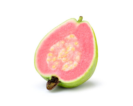 Half sliced of pink guava fruit isolated on white background. Clipping path.