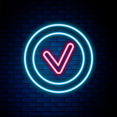 Glowing neon line Check mark in round icon isolated on brick wall background. Check list button sign. Colorful outline concept. Vector