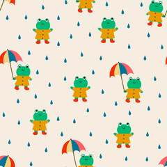 Seamless pattern with cute hand-draw frogs under the rain drops in cartoon style. Vector childish illustration. For stylish fabric design , wrapping paper  or  wallpaper design.