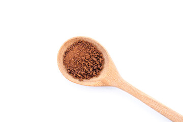 Cocoa powder in wooden spoon isolated on white background. Top view. Flat lay.