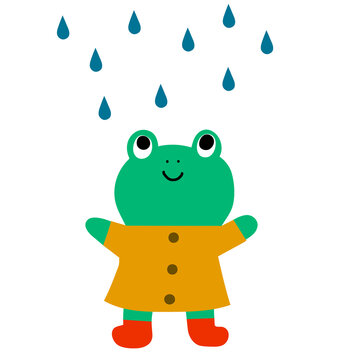 Happy frog under the rain drops in mininmalistic childish style. Cute vector illustration for card, nursary, kids' apparel.