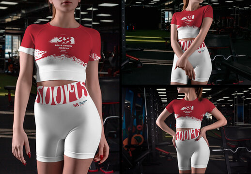 3 Mockups of Sports Shorts and Top in the Gym