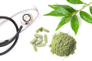 Andrographis paniculata leaf and powder herbal capsules isolated on white background. Thai herb medicine plant concept.