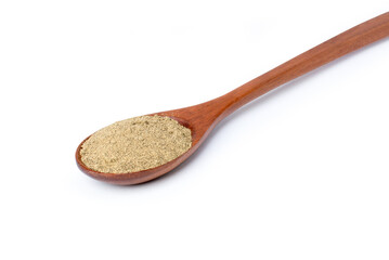 Pepper powder in wooden spoon isolated on white background. Clipping path.