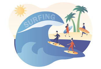 Tiny people surfers in beachwear with surfboards in sea or ocean catch the wave. Surfing concept. Surf Club or Shop. Modern flat cartoon style. Vector illustration on white background