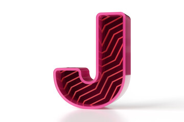 3D glossy metallic letter J with zigzag decorative pattern lines. Technology and scientist style typography collection. High resolution 3D rendering.
