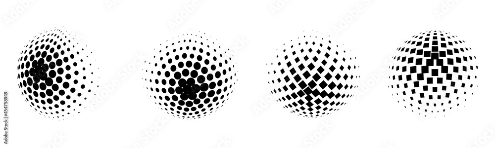 Poster set of vector halftone spheres. dotted circles with black and white gradient. pattern design element