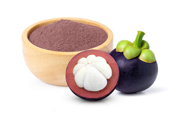 Mangosteen peel powder in wooden bowl and fresh mangosteen fruit isolated on white background.