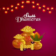 Happy dhanteras indian festival greeting card with gold coin pot and kalash