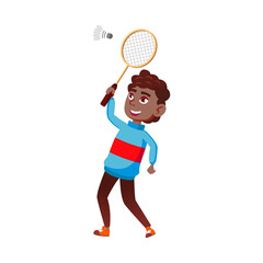 Obraz na płótnie Canvas Schoolboy Playing Badminton On Playground Vector. African Happy School Boy Play Badminton With Racquet And Shuttlecock. Character Teen With Sport Racket Active Time Flat Cartoon Illustration
