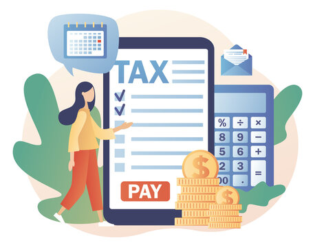 Online Tax payment. Tiny woman filling tax form and pay bills on smartphone. Business concept. Financial charge, obligatory payment calculating. Modern flat cartoon style. Vector illustration 