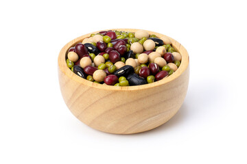 Mix organic nuts with soybean, red beans, green mung bean and black gram) in wooden bowl isolated on white background. Clipping path.