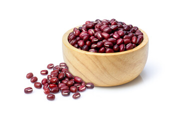 Red Azuki beans (Adzuki or japanese red bean) in wooden bowl isolated on white background.