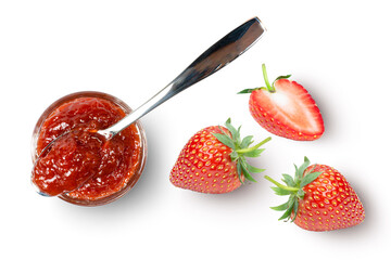 Red strawberry berry jam in glass bowl and fresh strawberries fruit isolated on white background.  Top view. Flat lay.