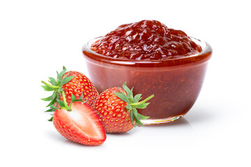 Red strawberry berry jam in glass bowl and fresh strawberries fruit isolated on white background. 