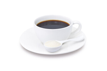 Collagen powder and cup of coffee isolated on white background. 