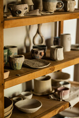 Fototapeta na wymiar Shelf with freshly made and drying clay dishes in a ceramic studio, daylight, side view